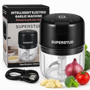 superstud rechargeable mini electric chopper for kitchen use electric for mincing garlic, ginger, onion, vegetable, meat, nuts, and fruits 250 ml, 45w with 1 year warranty (black)