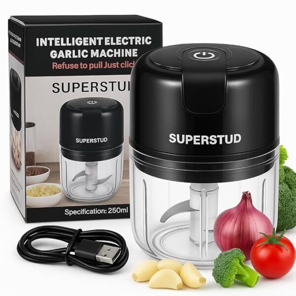 superstud rechargeable mini electric chopper for kitchen use electric for mincing garlic, ginger, onion, vegetable, meat, nuts, and fruits 250 ml, 45w with 1 year warranty (black)