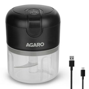agaro elite rechargeable mini electric chopper, food grade bowl, stainless steel blades, one touch operation, for mincing garlic, ginger, onion, vegetable, meat, nuts, 250 ml, black.