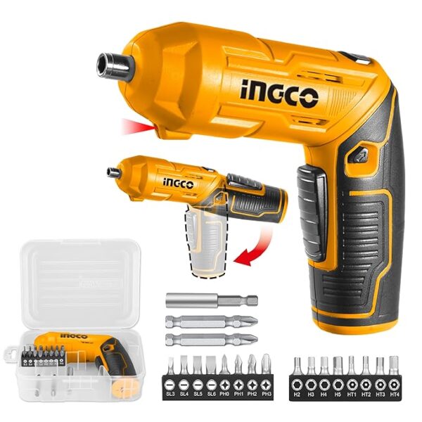 ingco 4v electric cordless screwdriver, rechargeable power drill driver set, 4 n.m max torque, 240rpm, with tool box